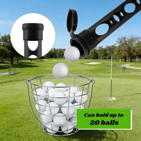Long Handle 33 Inch Golf Ball Retriever Grabber Durable Plastic Ball Picker Upper Tube Holds Up To 21 Golf Balls in use on golf course