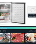 Compact Upright Mini Freezer With 3.0 Cubic Feet Capacity And Reversible Door For Dorm Life Apartments Rv Trips And Office Setups interior view showing food storage and temperature control knob.