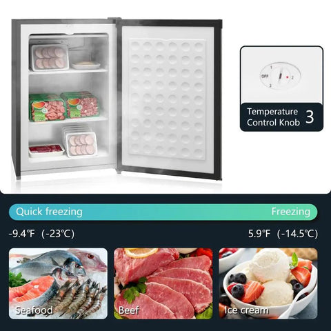 Compact Upright Mini Freezer With 3.0 Cubic Feet Capacity And Reversible Door For Dorm Life Apartments Rv Trips And Office Setups interior view showing food storage and temperature control knob.