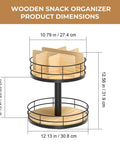 Two-Tier Lazy Susan Snack Organizer With Grab-and-Go Design, Wood And Metal Snack Holder dimensions and material details