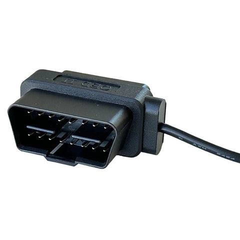 DIY Dash Cam Hardwire Kit OBDII To USB C And Micro USB Adapter with visible black OBD-II connector and cable end close-up