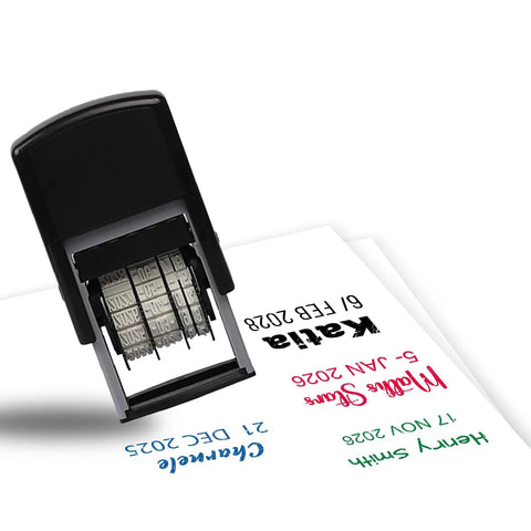 Straight Up Slick Custom Business Date Stamp With Your Personalized Name And Signature, Dope Self Inking Refillable Seal for Signing Contracts and Invoices Daily, Five Vibrant Ink Colors on paper.