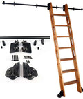 Wooden ladder, rail, and hardware from Sliding Barn Door Hardware Kit Dope 3.3ft To 20ft Rolling Ladder Track System In Rustic Black