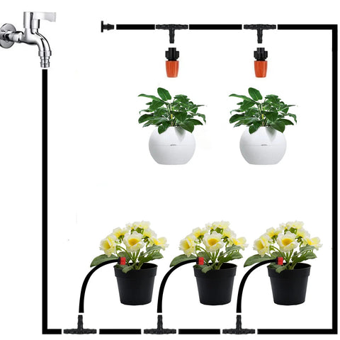Installed view of WISSXNA 300pcs barbed drip irrigation fittings kit for 1/4" tubing with plant pots
