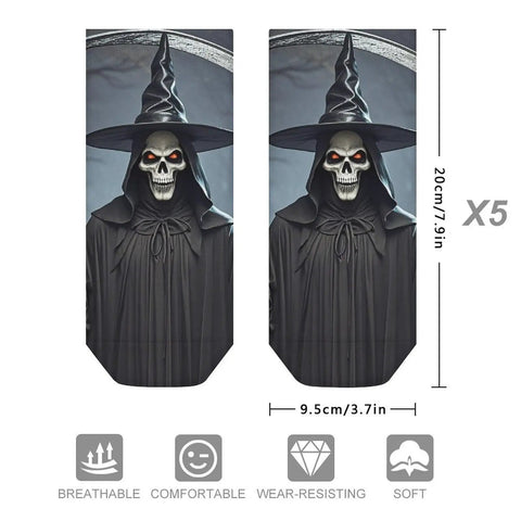 Death Scythe Ankle Socks With Moisture Wicking Tech featuring a skeleton in a cloak design, dimensions 20cm by 9.5cm, set of 5 pairs