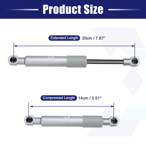 Heavy Duty Gas Struts 2 Pack 8 Inch 55 Lb Lift Supports Silver Tone dimensions shown with extended and compressed lengths.
