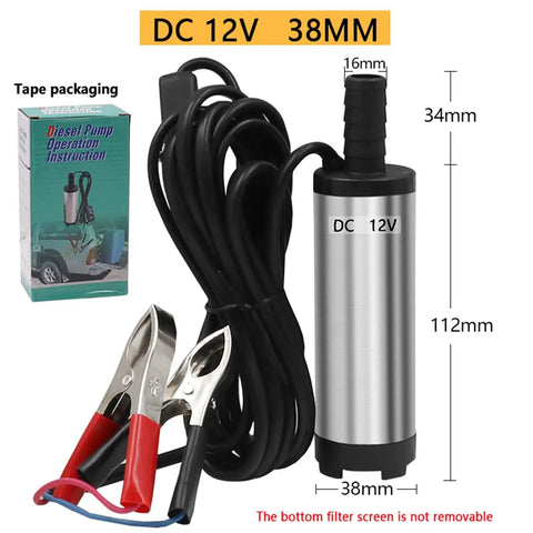 12V DC Submersible Transfer Pump For Fuel Water And Diesel Built Tough For Campground Grind features stainless steel and cable clips.