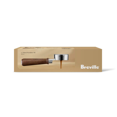 Top Shelf 58mm Bottomless Portafilter With Smooth Walnut Grip For Breville Dual Boiler And Oracle Series Home Barista Upgrade delivering espresso.