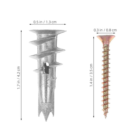 Heavy Duty Drywall Anchors And Screws Kit showing zinc alloy anchor and iron screw with dimensions for home and office use.
