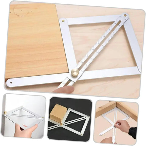 Rock Solid Corner Angle Finder For Spot On Cuts, Precision Miter Saw Protractor And Bevel Gauge Tool, Easy Peasy Woodworking And Tile Measuring Jig, 10 To 170 Degree Range, Silver Build in use on wood surface.