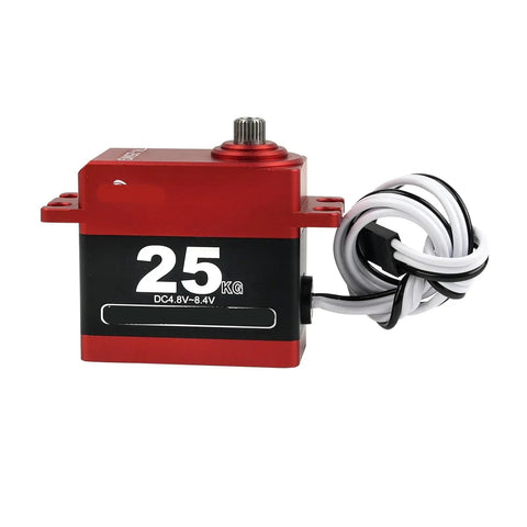 Knockout Torque 25Kg Digital Servo With Beefy Full Metal Gears And Lightning Fast Coreless Motor For Rc Baja Steering Swaps On Major Scale Remote Control Buggies showing a red and black digital servo.