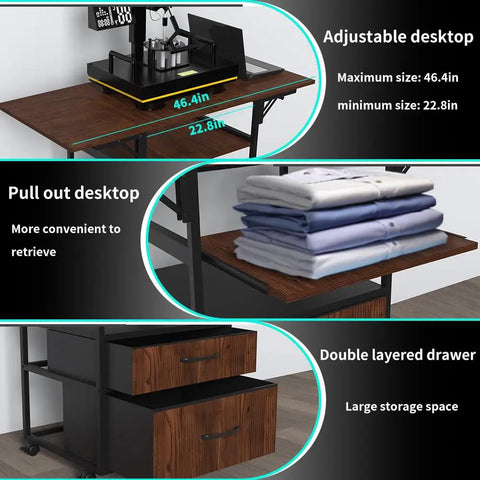 Mobile Heat Press Table With Pull Out Tray And Drawers, Heavy Duty 4 Tier Foldable Cart On Wheels showing dimensions and features