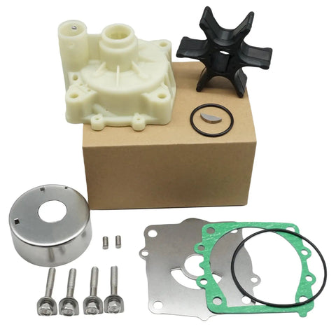 Water Pump Impeller Kit With Housing For Yamaha Outboard 4 Stroke 50 75 90 115 HP Motors Replacement Sierra 18-3523-1 18-3442 Mallory 9-48611 Package including housing, impeller, gasket, O-ring, bolts on display.