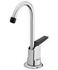 Top Shelf One Handle Low Arc Chrome Faucet For Countertop With Lead Free Drinking Water Flow showing sleek design and black handle.