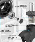 Five Piece Set Of Three Inch Universal Mute Office Chair Caster Wheels Featuring Soft Polyurethane Rollers close-up image showing stem diameter and bearings.