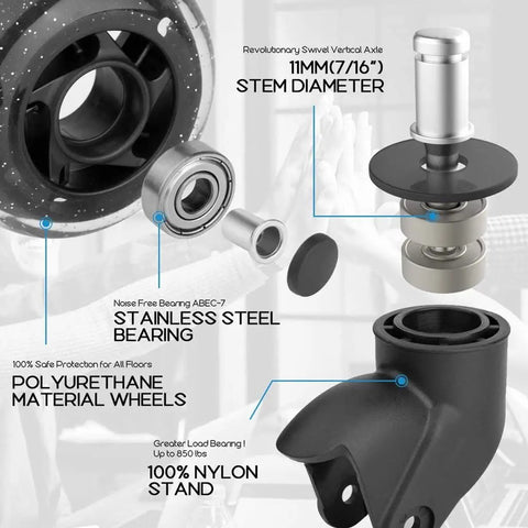Five Piece Set Of Three Inch Universal Mute Office Chair Caster Wheels Featuring Soft Polyurethane Rollers close-up image showing stem diameter and bearings.