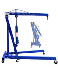 Heavy Duty 2 Ton Folding Engine Hoist Cherry Picker Jib Crane showing compact blue design with smooth rolling swivel casters.