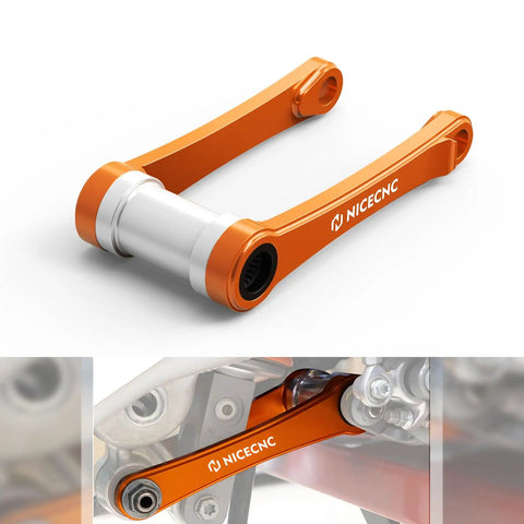 Orange Adjustable Lowering Suspension Link Arm For Front End Stability And Handling CNC Machined Billet Aluminum With Anodized Finish Easy Install Street Ready Drop Kit For Improved Ride And Precision Steering With An Aggressive Look, installed on motorcycle front end