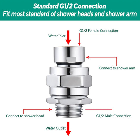 Beefy Heavy Duty Shower Head Swivel Ball Adapter With Solid Brass Construction, Chrome Polished Finish, Adjustable Shower Arm Connector, 360 Degree Rotation, 40 Degree Per Side Tilt, Universal Shower Arm Extension For Flexible Modern Bathrooms G1/2 connection diagram