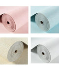 Hassle Free Peel And Stick Self Adhesive Wallpaper Roll Hella Waterproof Moisture Proof Thermal Insulation in pink, blue, beige, and white.
