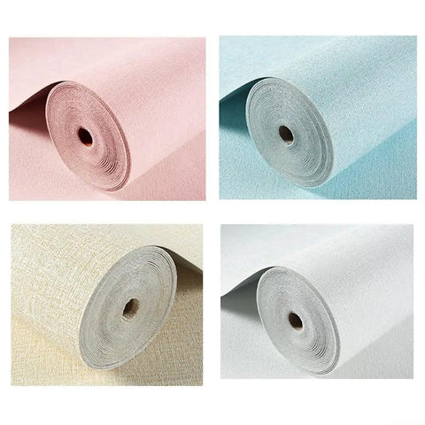 Hassle Free Peel And Stick Self Adhesive Wallpaper Roll Hella Waterproof Moisture Proof Thermal Insulation in pink, blue, beige, and white.