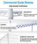 Close-up of Seven Tier Heavy Duty Wire Storage Shelving Unit with adjustable shelves and locking casters showing NSF certification.
