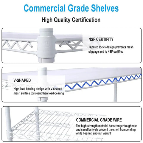 Close-up of Seven Tier Heavy Duty Wire Storage Shelving Unit with adjustable shelves and locking casters showing NSF certification.