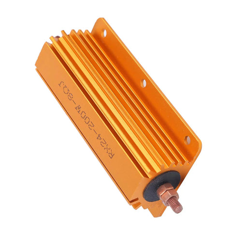 Heavy Duty 200W 8 Ohm High Power Resistor With Rugged Aluminum Housing And Mounting Holes, Industrial Grade Electrical Component For Power Supplies And Audio Equipment, Durable And Reliable. Orange finned aluminum resistor with mounting holes