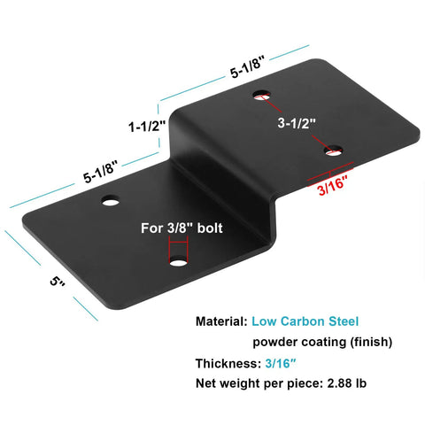 Heavy Duty 4 Pack Pergola Brackets Black Z Deck Joist Ties For 2x6 Cross Joists And 6x6 Posts 6 Gauge Steel Powder Coated Anti Rust Pre Drilled Holes For 3/8 Inch Bolts Bolts Not Included, showing dimensions and bolt holes.
