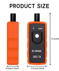 Front and side view of Universal TPMS Relearn Tool for Most Vehicles showing size and design with orange casing.