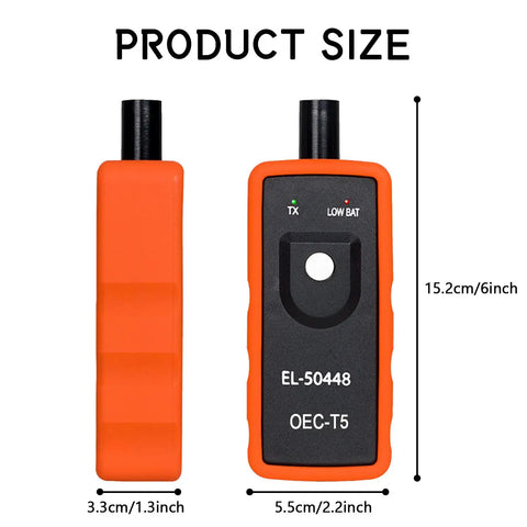 Front and side view of Universal TPMS Relearn Tool for Most Vehicles showing size and design with orange casing.