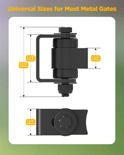 Weldable Gate Hinges For Heavy Metal Gates Using Silicon Alloy Steel with dimensions 2 7/8" x 1 1/4" x 1/2" for outdoor use.