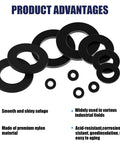 900 Piece Nylon Flat Washer Assortment Kit With Black Plastic Washers For Bolts And Screws M2 Through M12 Ideal For Home And Workshop Use On The Job Site, showing various sizes