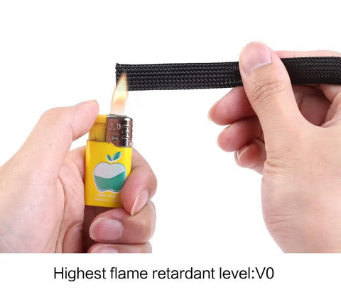 Testing flame resistance of 100 Ft 1/2 Inch PET Expandable Braided Cable Sleeve Black for high temp use