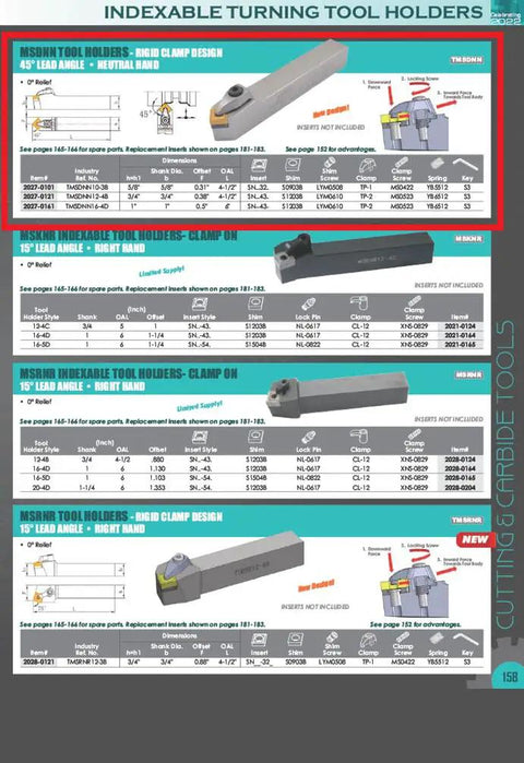Turning Tool Holder with 12-4B clamp, rigid design, for SNMA SNMG SNMM 43 inserts, 45° lead angle, neutral hand, zero relief.