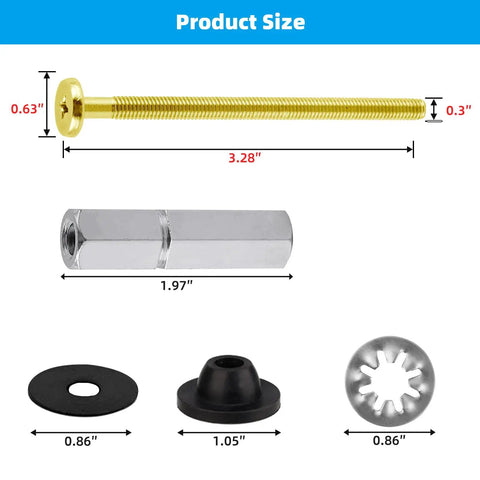 Rock Solid Universal Toilet Seat Bolt Kit Includes Four Heavy Duty Brass Fasteners With Corrosion Resistant Metal Nuts And Flanged Washers Plus Soft Rubber Gaskets For No More Drip Drama And Foolproof Swap Out product size detail image.