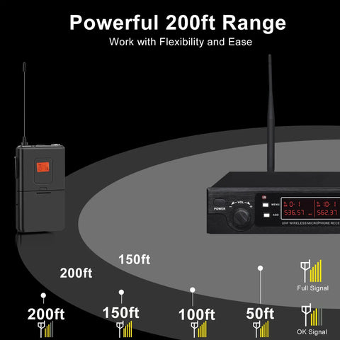 Dual UHF Wireless Lavalier Microphone System With Auto Scan, 200 Channel Tuning, Long Range Up To 240 Feet, 16 Hour Battery Life signal range diagram