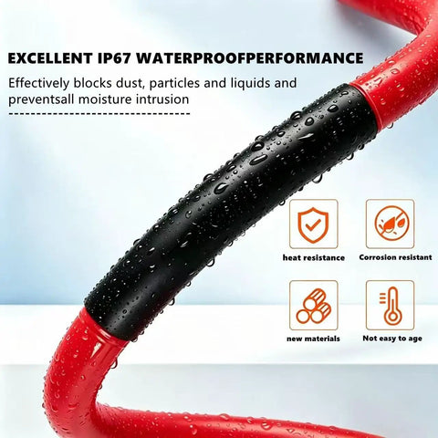 Dope Heat Shrink Tube Set With 150 Pieces And 8 Sizes For Snazzy DIY Wrapping, 3:1 Ratio Adhesive Lining Cable Sleeves Perfect For Everyday Repairs And Cool Projects In Sleek Black. Black heat shrink tube on red cable, waterproof IP67 wire protection