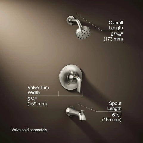 Matte Black Tub And Shower Faucet With Rite Temp Technology dimensions showing overall, valve trim, and spout lengths.