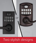Comparison of two SmartCode 917 Keypad Keyless Entry Lever Deadbolts in different styles, featuring keypads with lever handles.