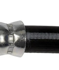 Close-up of Rear Center Brake Hydraulic Hose Replacement for Select Vehicle Models, showing metal fitting and black hose material.
