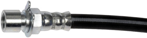 Close-up of Rear Center Brake Hydraulic Hose Replacement for Select Vehicle Models, showing metal fitting and black hose material.