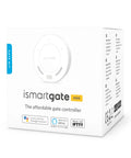 Mini Smart Gate Opener Kit With WiFi Remote Control boxed, showing compatibility with Alexa and Google Home, no hub needed.