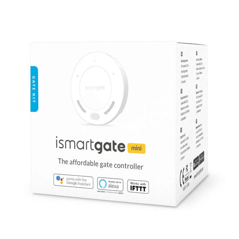 Mini Smart Gate Opener Kit With WiFi Remote Control boxed, showing compatibility with Alexa and Google Home, no hub needed.