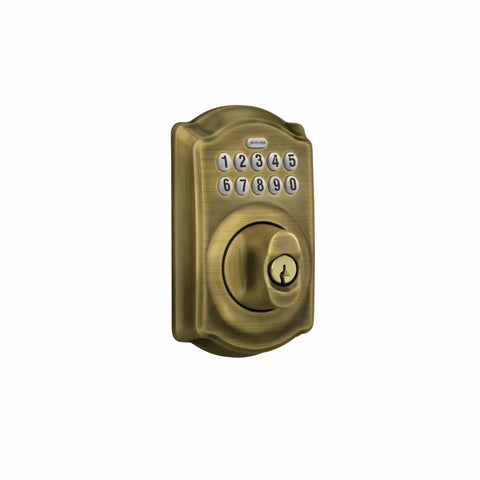 Keyless Entry Deadbolt Lock With Electronic Keypad For Front Door No Fuss Back Up Mechanical Key Antique Brass Finish Program Up To 19 Access Codes Easy Setup Grade 2 Security For Home Safety.
