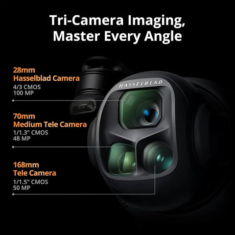 Close-up of 28mm, 70mm, and 168mm lenses on Mavic 4 Pro 512GB Creator Bundle For Creators With 2 Year Warranty RC Pro 2 Drone.