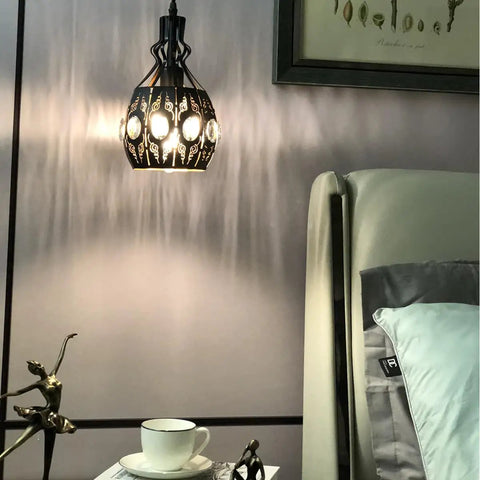 Plug In Pendant Lighting Swag Lamp In Black Iron With Adjustable Cord Vintage Rustic Hanging Ceiling Fixture shown above nightstand