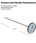Stainless Steel Needle Thermometer, 8-1/2 inch length, measures temperature 0-200°C/32-400°F, corrosion resistant.