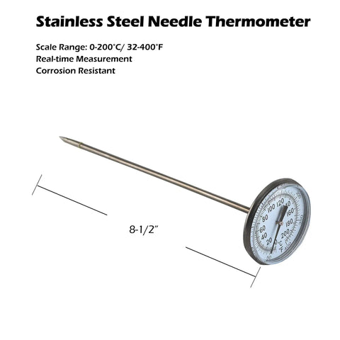 Stainless Steel Needle Thermometer, 8-1/2 inch length, measures temperature 0-200°C/32-400°F, corrosion resistant.