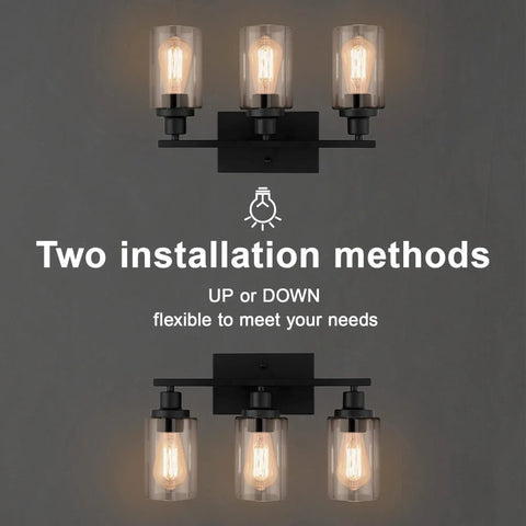 Matte Black 3 Light Vanity Wall Sconces With Clear Glass Shades, E26 Base Bathroom Lights with two installation methods shown